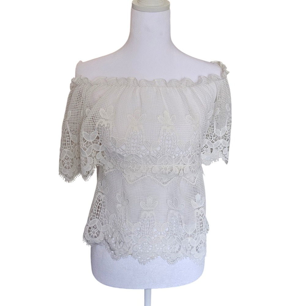 G66 Grassstar Girls 12 Ivory Lace Off Shoulder Boho Crochet Top Coquette Fairy